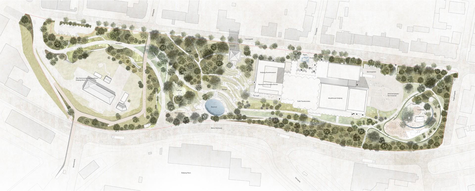 Byparken skal være bindeled for områdets to naboer Landgangen og Havnepromenaden. Esbjerg Kommune.