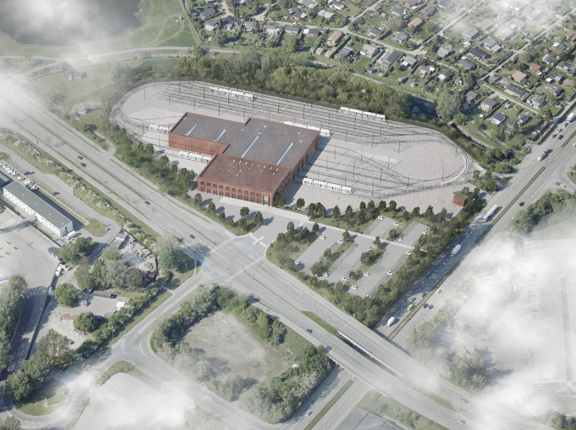 På det kommende kontrol- og vedligeholdelsescenter skal letbanetogene fremover vaskes, vedligeholdes og overnatte.