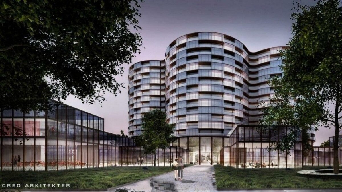 I forvejen er det visualiserede hotel blevet to mindre lavere på grund af Billund Airport. Visualisering: Creo Arkitekter/Lars Møller Christensen.