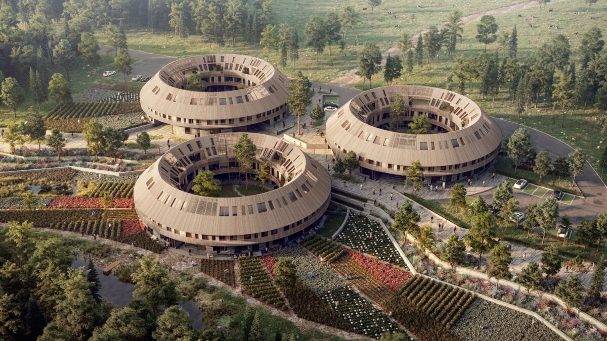 Inspirationen kommer blandt andet fra vikingetidens geometriske Trelleborge til de cirkelformede klyngehuse Tulou i det sydøstlige Kina. Visualisering: Kant Arkitekter.