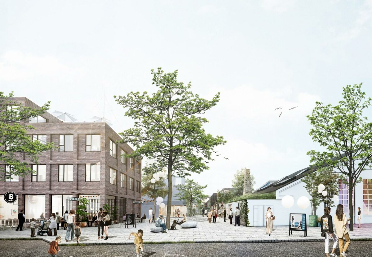 Det tidligere ISS-hovedkvarter mellem Møntmestervej og Rentemestervej i Københavns Nordvestkvarter står foran et ansigtsløft. Om en håndfuld år skal det fremstå som en levende og arkitektonisk indbydende bydel. Illustration: WERK.