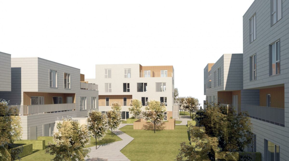 De kommende familieboliger opføres på den grund, der tidligere husede Solvang Centret, som blev revet ned i 2015. Illustration: ONV Arkitekter.