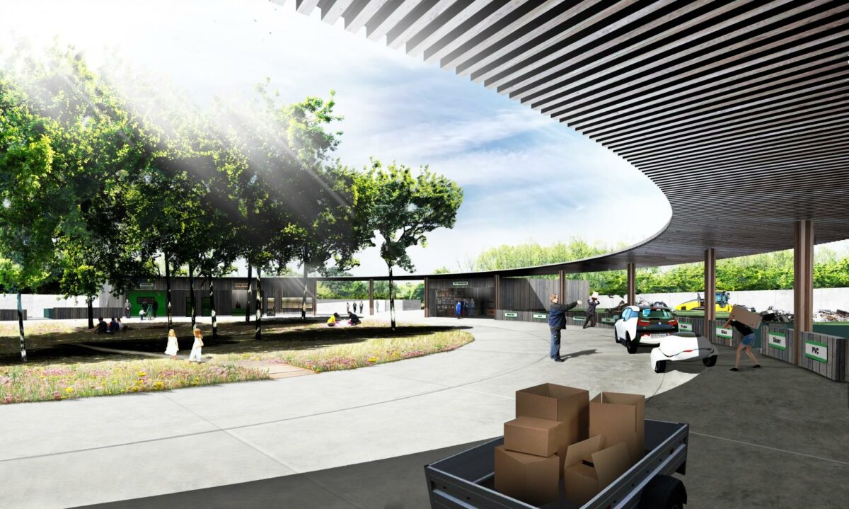 Der kommer flere mennesker til i det nordlige Aarhus, så den allerede meget travle genbrugsstation i Lisbjerg skal have en afløser. Visualisering: Schønherr og Loop Architects.