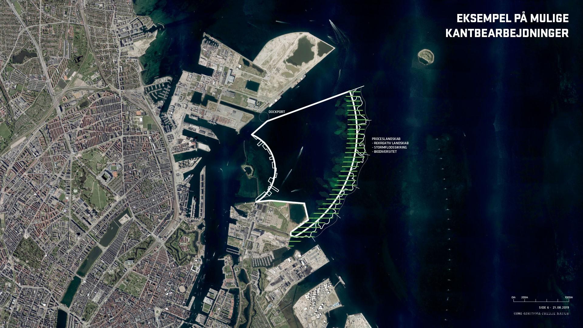 En større ø giver København bedre kystsikring og dæmninger mod stormfloder bliver lettere at etablere. Illustration: By & Havn.