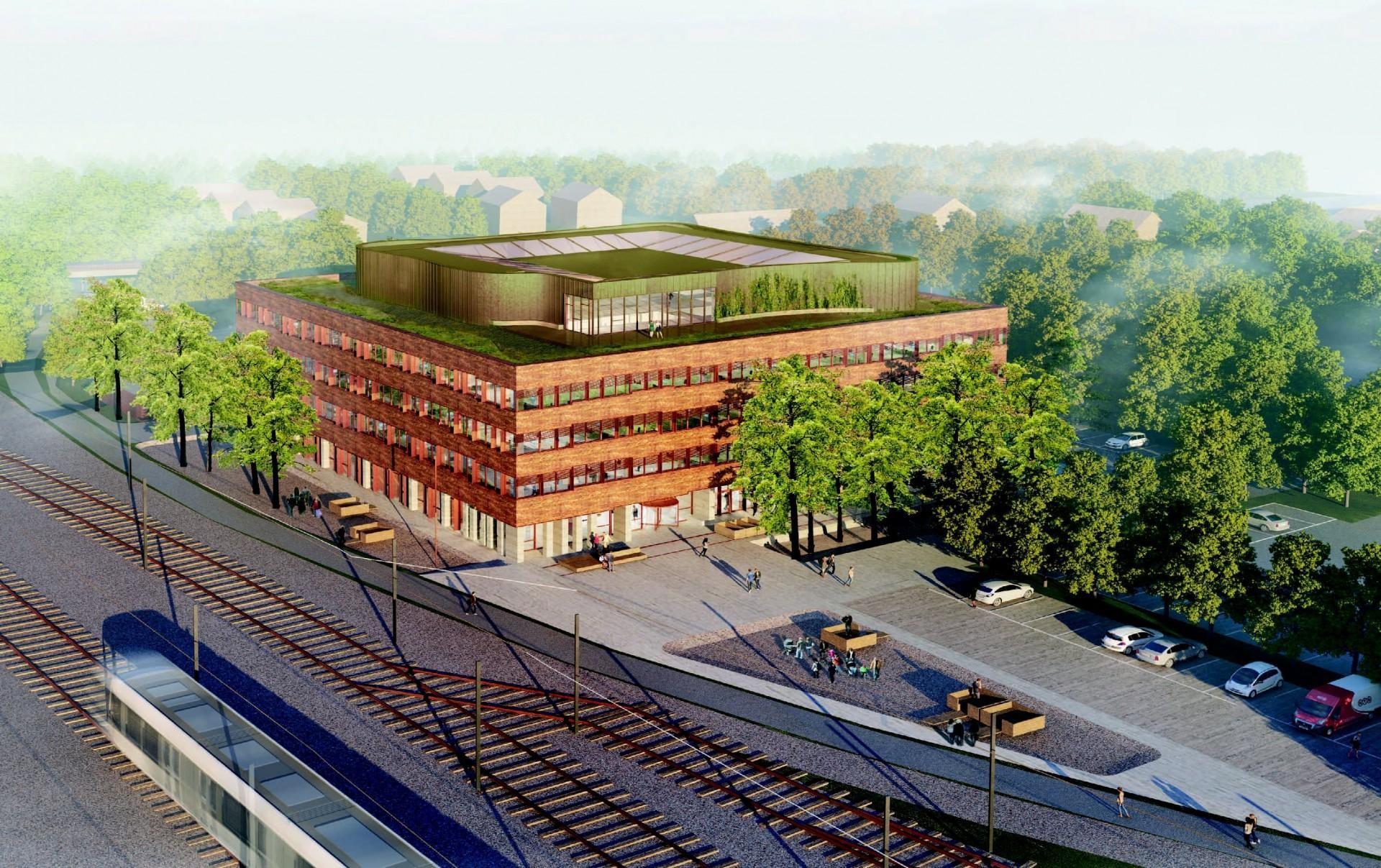 BaneDanmarks nye kontorbygning ved Ringsted er en af KPC's opgaver det kommende år. Her er man for alvor kommet i gang med at bruge genbrugsmaterialer. Illustration: Hennings Larsen Architects.