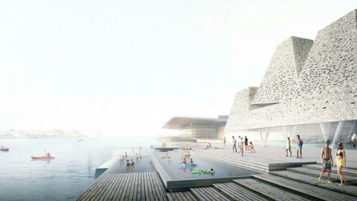 Det 5.700 kvadratmeter store vandkulturhus skal være med til at sikre, at Papirøen fastholder sin åbenhed og folkelighed. Visualisering: Kengo Kuma & Associates / Cornelius Vöge.