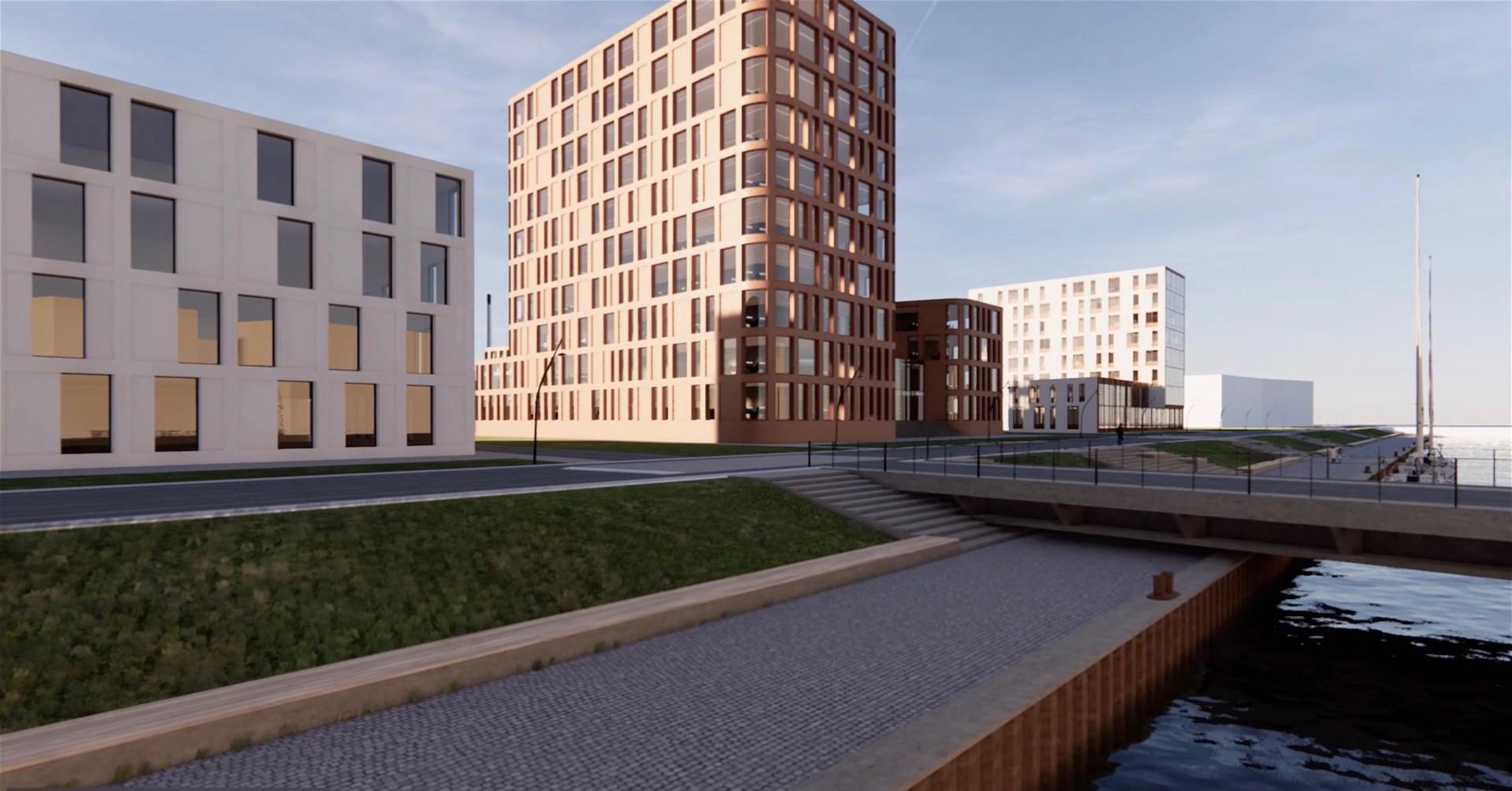 Esbjerg Brygge vil huse en række markante byggerier. Visualisering: Det Faglige Hus.