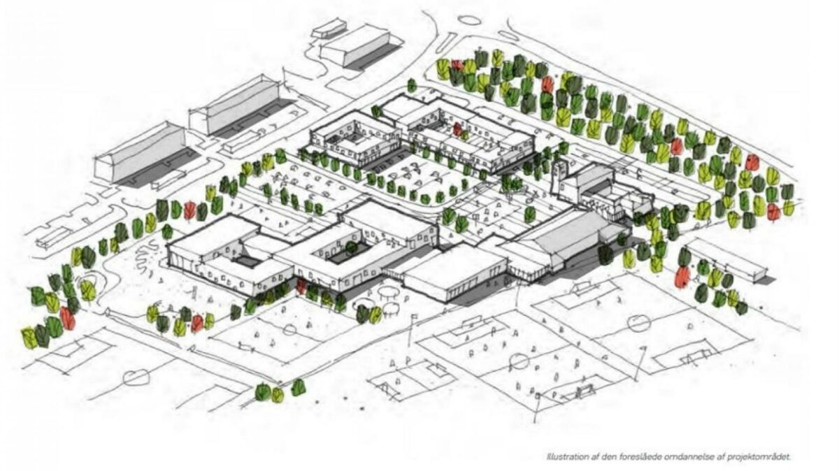 Dybkærskole skal være 10.000 etagemeter og kunne rumme cirka 800 elever og 90 lærer. Projektet, der beløber sig til cirka 200 millioner kroner, skal stå færdigt i 2023. Illustration: Silkeborg Kommune.