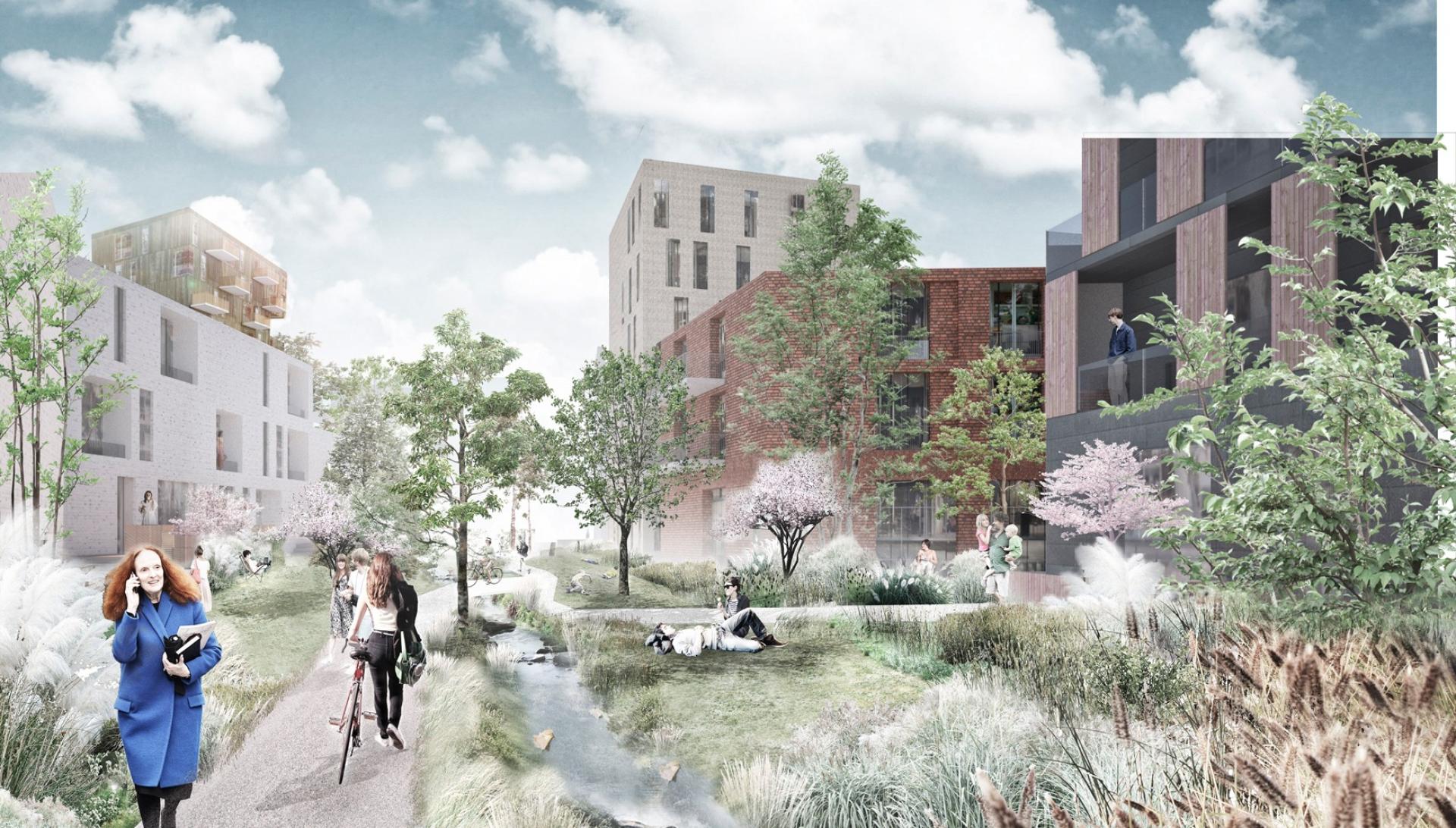 Søndre Havn er karakteriseret af grønne områder mellem byggerierne, almindinger, der både fungerer som klimasikring og grønne oaser i byområdet. Visualisering: Tegnestuen Vandkunsten.