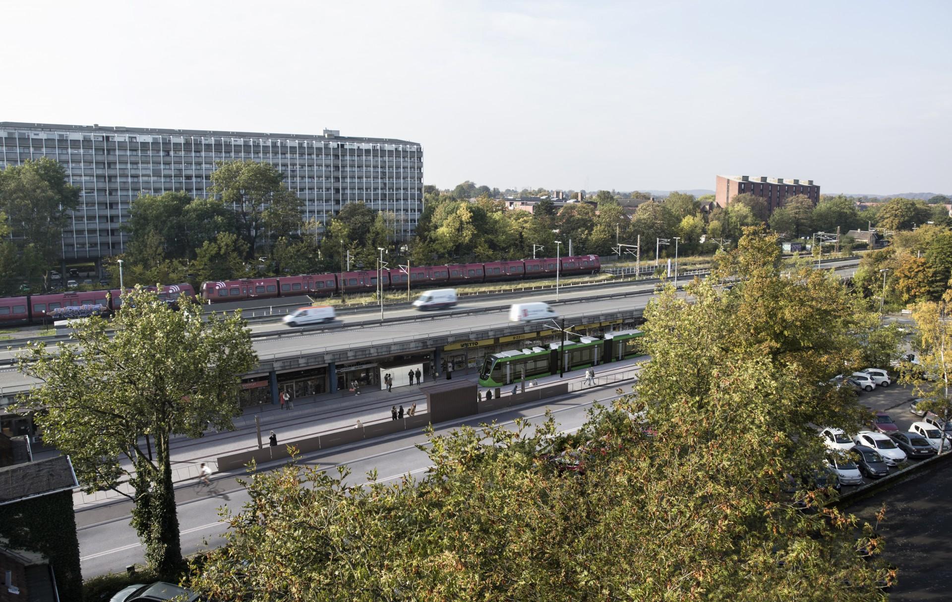 Passagererne kan skifte til S-tog på seks af de kommende letbanestationer, nemlig Ishøj, Vallensbæk, Glostrup, Herlev, Buddinge og Lyngby (billedet). Visualisering: Hovedstadens Letbane.