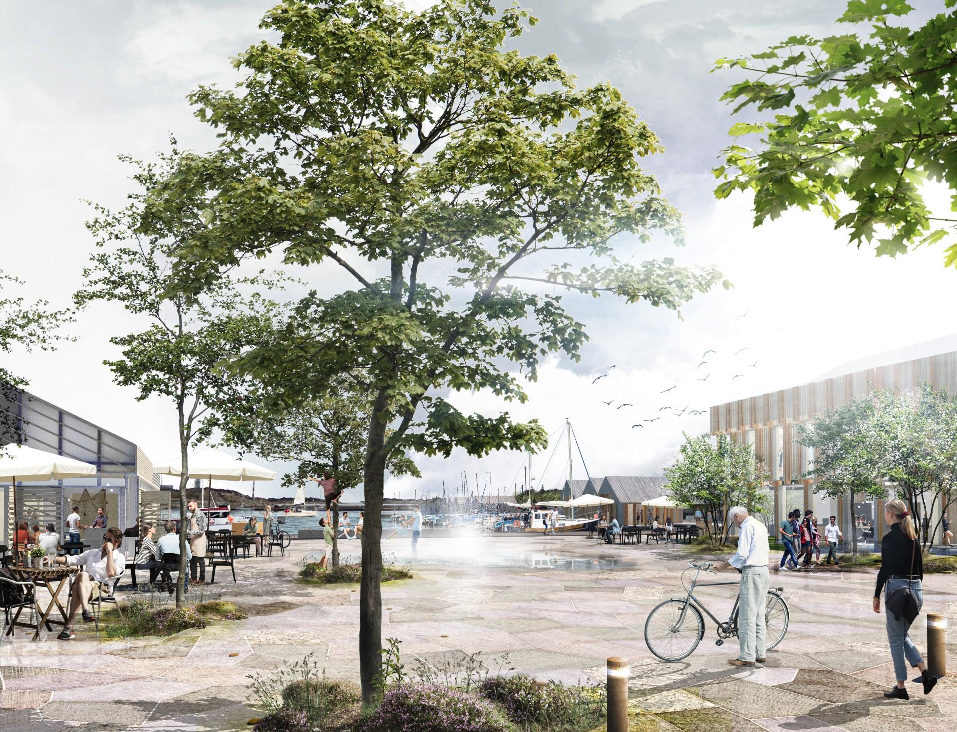 Masterplanen for Tananger centrum angiver et tydeligt byrumshierarki: Byen, kajkanten og parken mødes i byens nye torv. Illustration: BOGL.