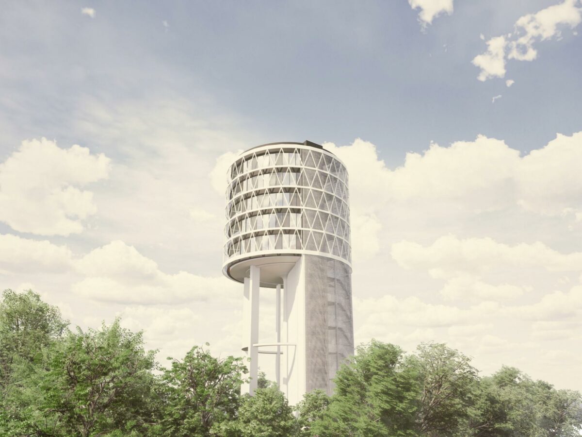 Randers' vandtårn bliver til et nyt og moderne byggeri, hvor mulighederne er mange. Visualisering: Arkikon.