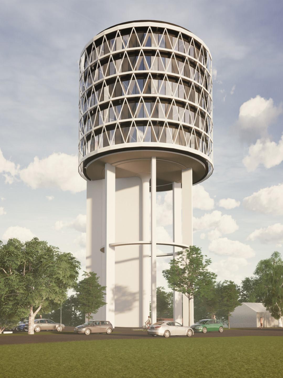 Vandtårnet er bygget i armeret in-situ beton og med gennemtænkte kvalitetsmaterialer. Visualisering: Arkikon.
