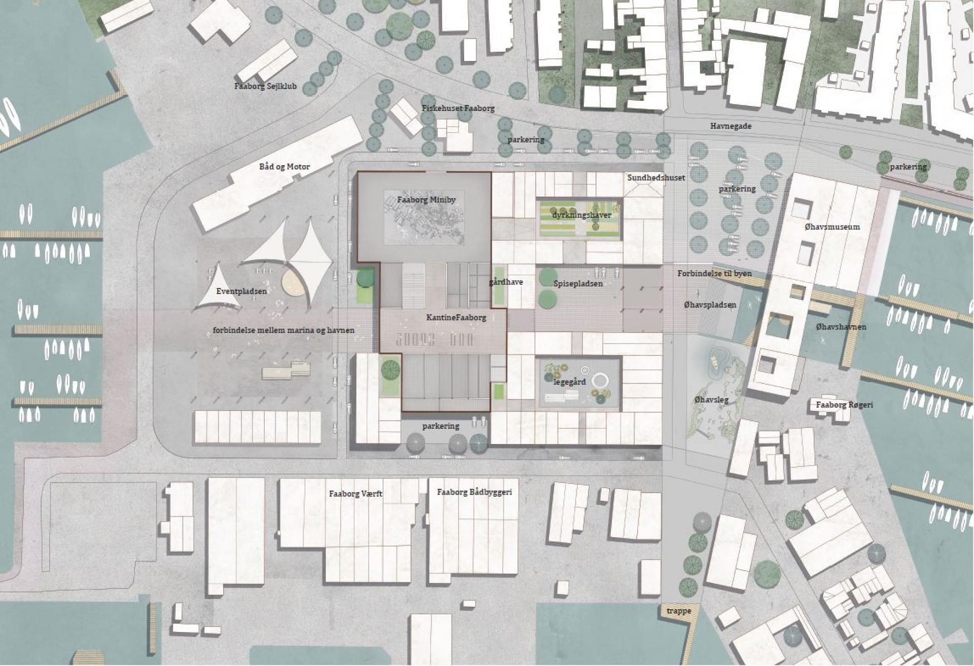 Alle tre konkurrenceforslag havde placereret det kommende Øhavsmuseum i Frølageret på den gamle slagterigrund. Visualisering: GHB Landskabsarkitekter.