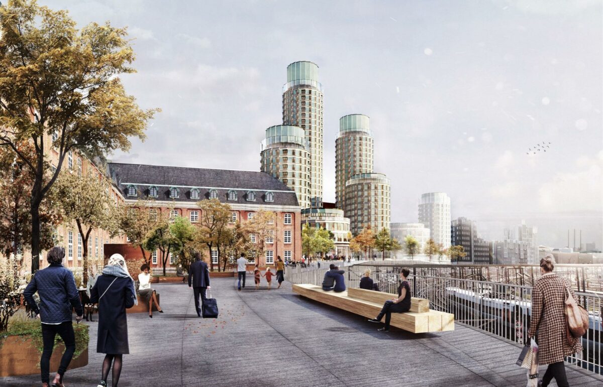 Ddt kommende bykvarter mellem Hovedbanegården og Kalvebod Brygge i København skal hedde Postbyen. Visualisering: Danica Pension.