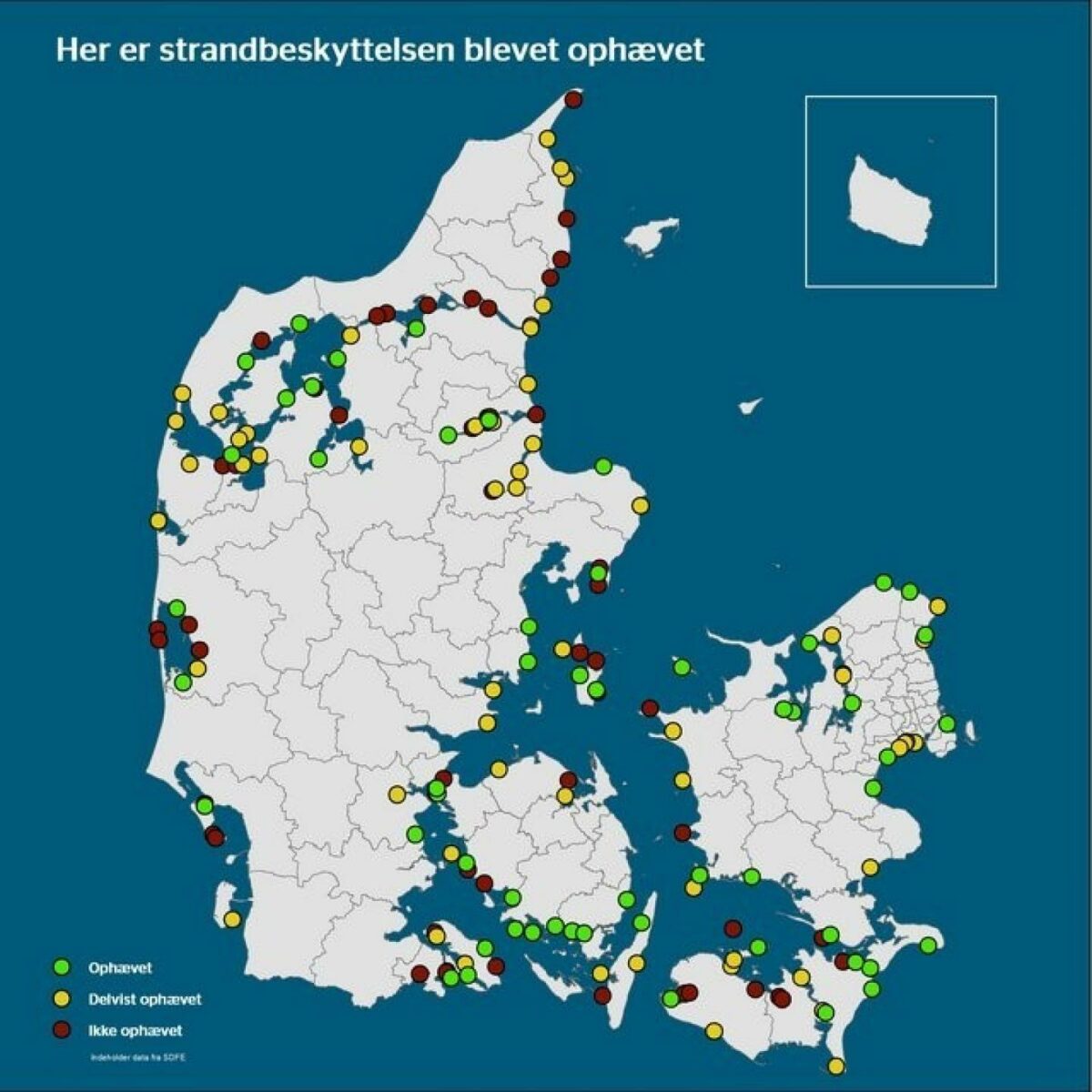 111 steder i landet er strandbeskyttelsen enten helt eller delvis ophævet. I alt havde 47 kommuner søgt om ophævelse ved 166 lokaliteter. Kort: Miljøstyrelsen.