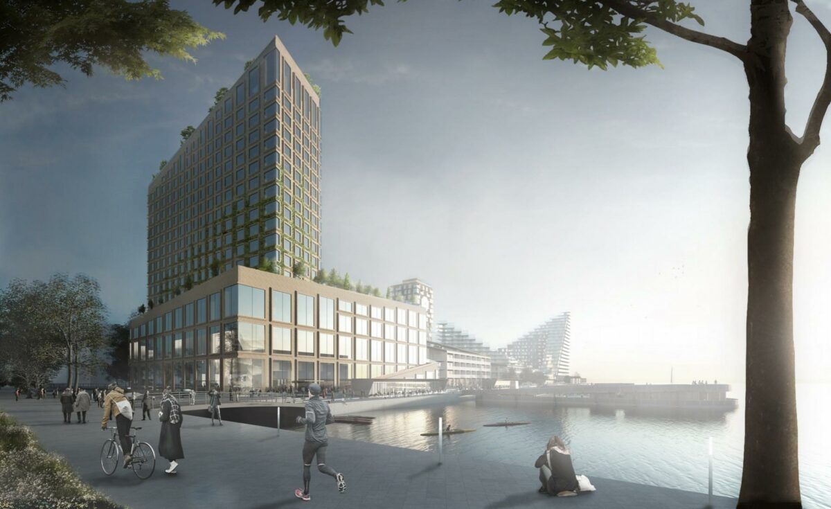 43.000 kvadratmeter stort hotel og konferencecenter med tilhørende p-kælder i to niveauer er på vej til Aarhus Ø. Illustration:BIG Architects.