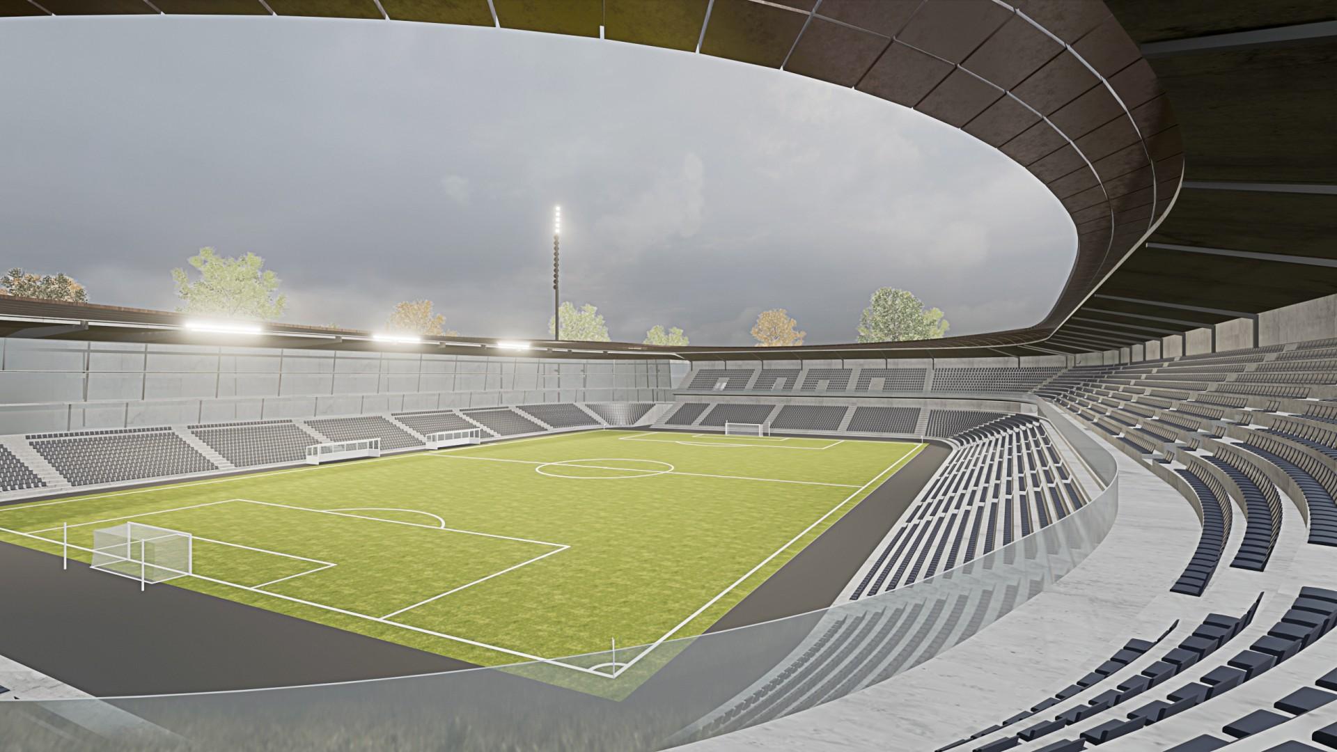 Et stadion uden løbebaner vil rykke tilskuerne betydeligt tættere på banen og formentlig øge stemningen. Visualisering: Friis & Moltke.