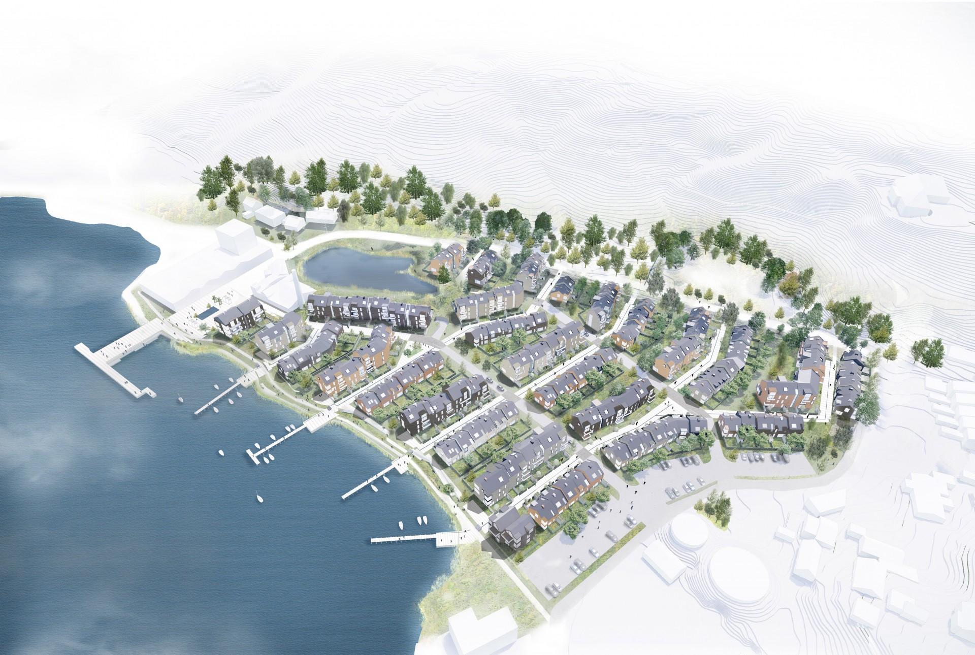 Ny Blaakilde placeres særdeles attraktivt ud til Mariager Fjord. Visualisering: Ny Blaakilde.