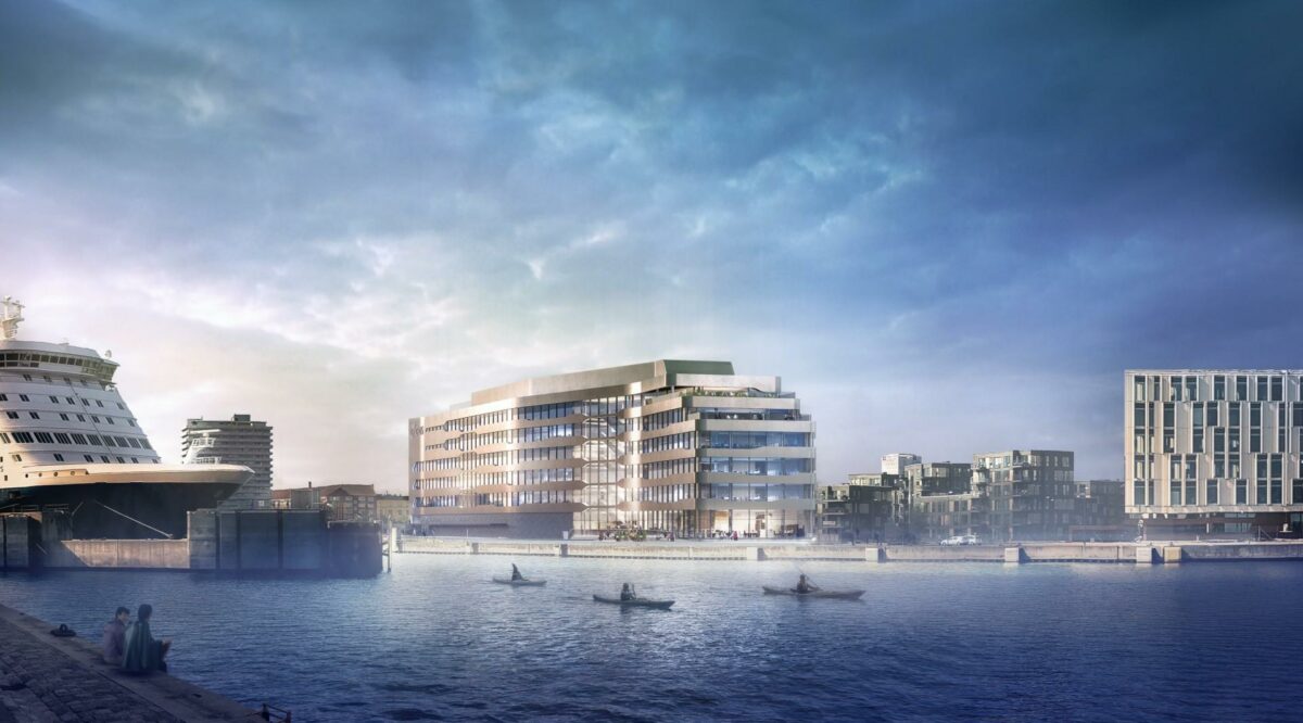 Det kommende domicil bliver på 12.500 kvadratmeter med en målsætning om certificering til DGNB Guld. Visualisering: PLH Arkitekter.
