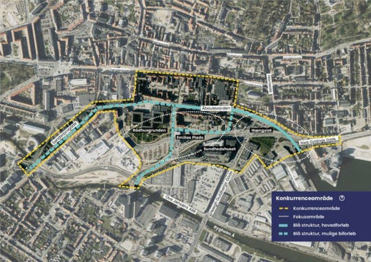 Dette område i Horsens skal der arbejdes med i udviklingsplanen for Åkvarteret. Visualisering: Horsens Kommune.