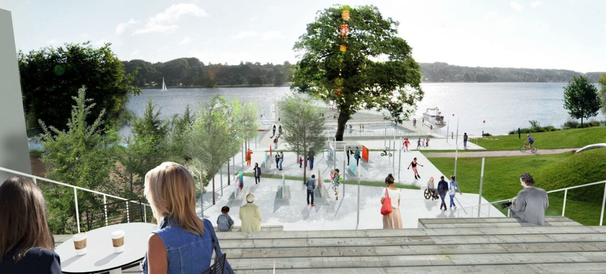 Det nye søbad bliver tænkt sammen med Kulturhuset. Visualisering: Skanderborg Kommune.
