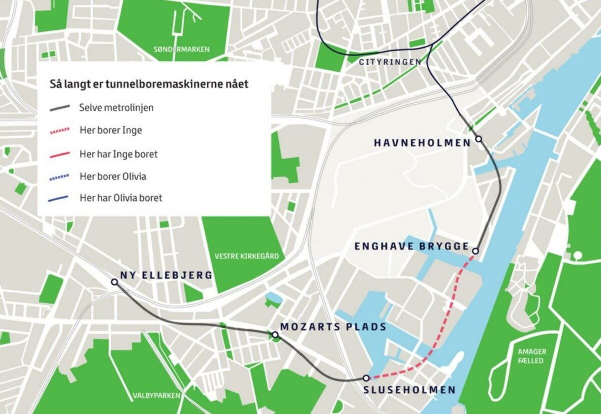 Tunnelboremaskinerne Inge og Olivia er blevet navngivet på behørig vis og i færd med at arbejde. Screenshot: Metroselskabet.