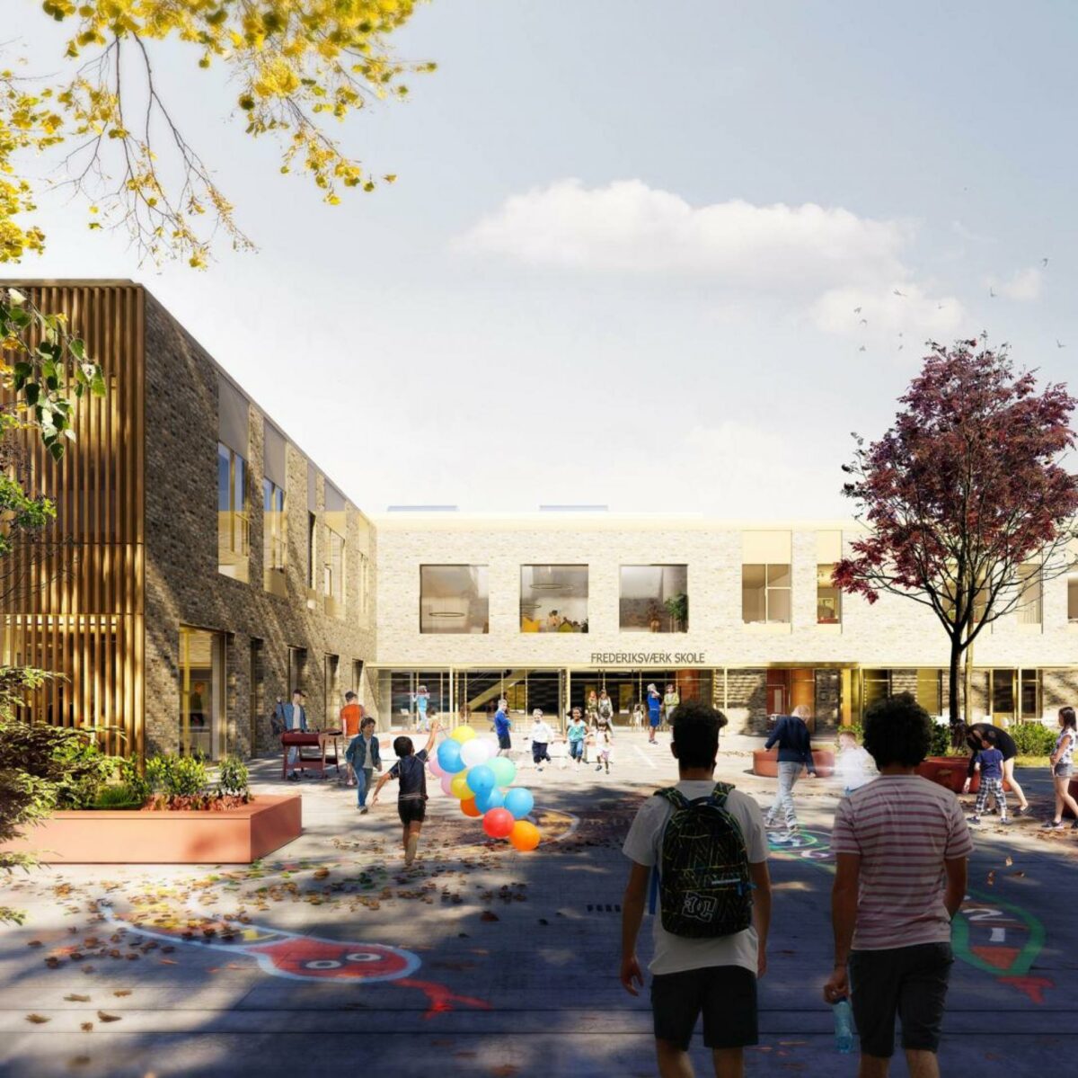 Arkitektfirmaet Kjaer & Richter vinder med Totalentreprenør CC Contractor, SWECO og 1:1 Landskab konkurrencen om den nye skole i Frederiksværk. Visualisering: Arkitektfirmaet Kjaer & Richter.