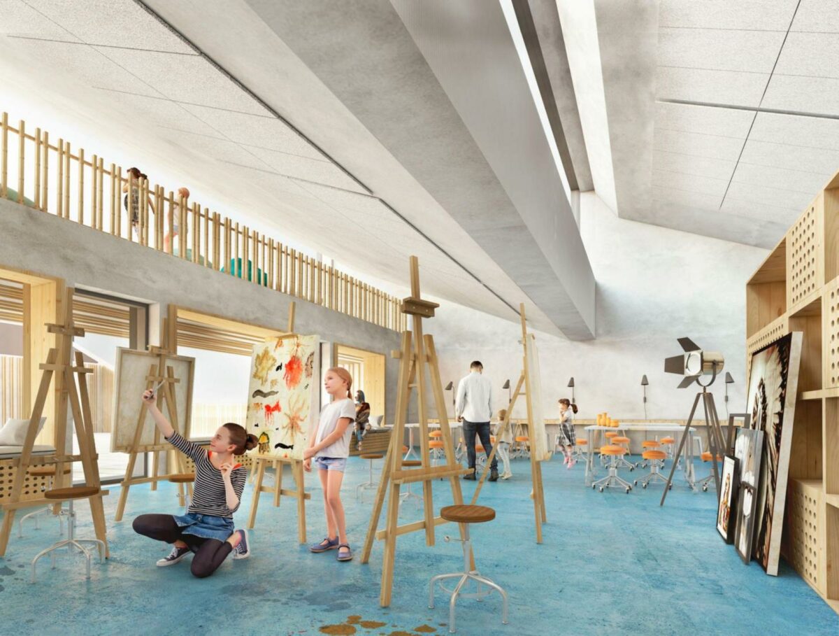 I Billedkunstetagen leger C.F. Møller med det naturlige lys for at skabe den rette kunstnerstemning. Visualiseringer: C.F. Møller Architects.