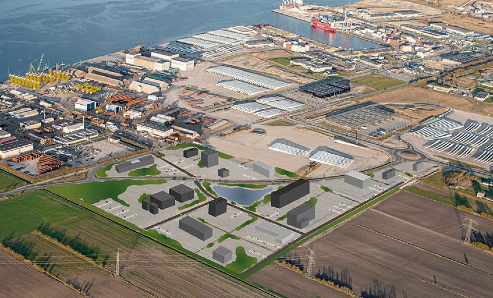Den ny udstykning, Ankeret, skal være hjemsted for Green Hub Denmark og danne rammerne for bæredygtige prototyper, hvor der fra start tænkes i synergier, digitalisering, samarbejde og nye teknologier. Foto: Port of Aalborg.