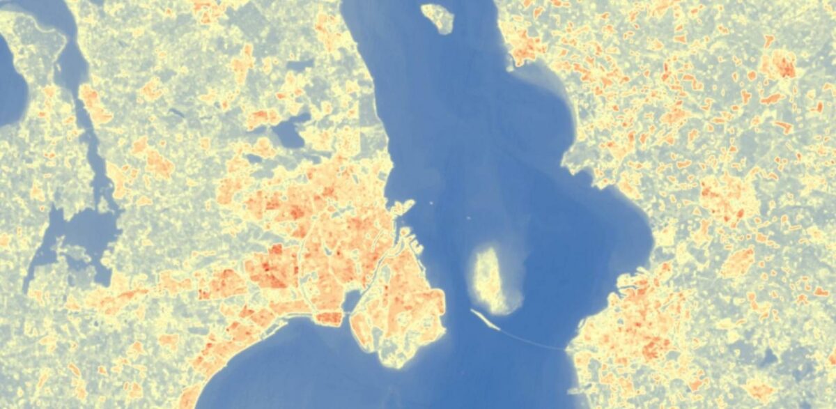 Varmekort over København d. 1. juni 2020 - årets første sommerdag, hvor temperaturen flere steder nærmerede sig 25 grader. Kilde: Sweco GIS & IT, Esri, Landsat 8.