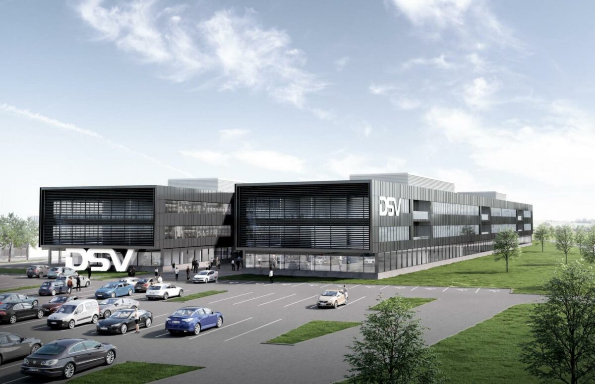 DSV opfører et nyt stort logistikcenter ved Lund i Horsens. Visualisering DSV/AK83 Arkitekter.