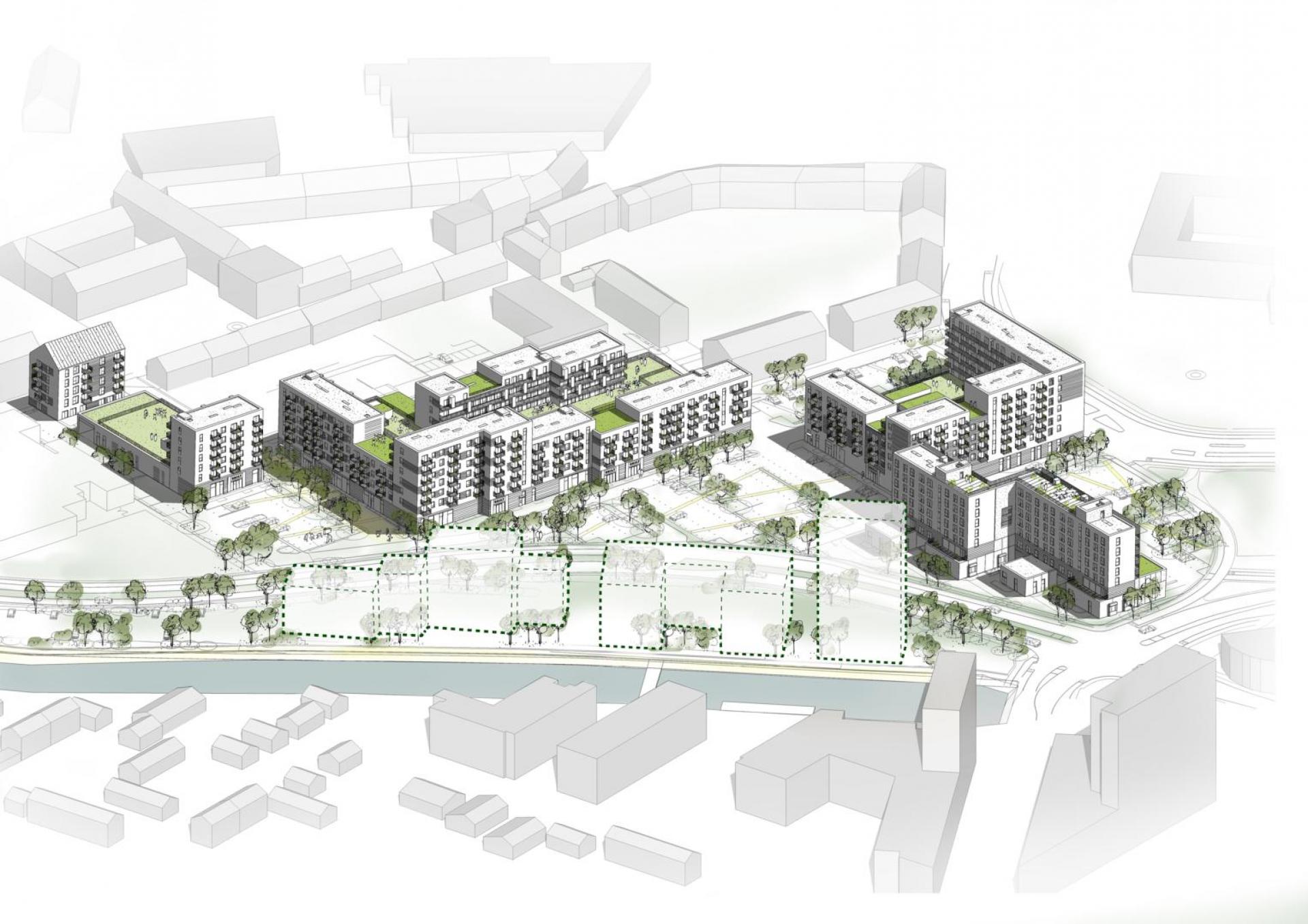 På denne visualisering er områderne 1 og 2 opført, mens område 3 nærmest åen er skraveret. Visualisering. Casa.