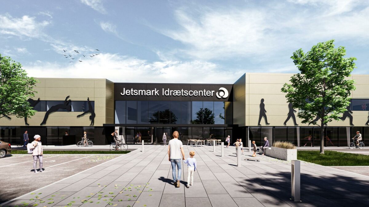 Fyerområde og ankomstfacaden. Visualisering: P+P Arkitekter.