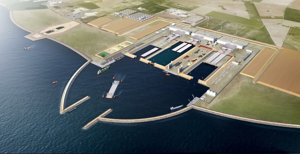 En 500.000 kvadratmeter stor havn skal forsyne elementfabrikken med materialer, og det er herfra de færdige tunnelelementer bliver udskibet. Illustration: Femern A/S.
