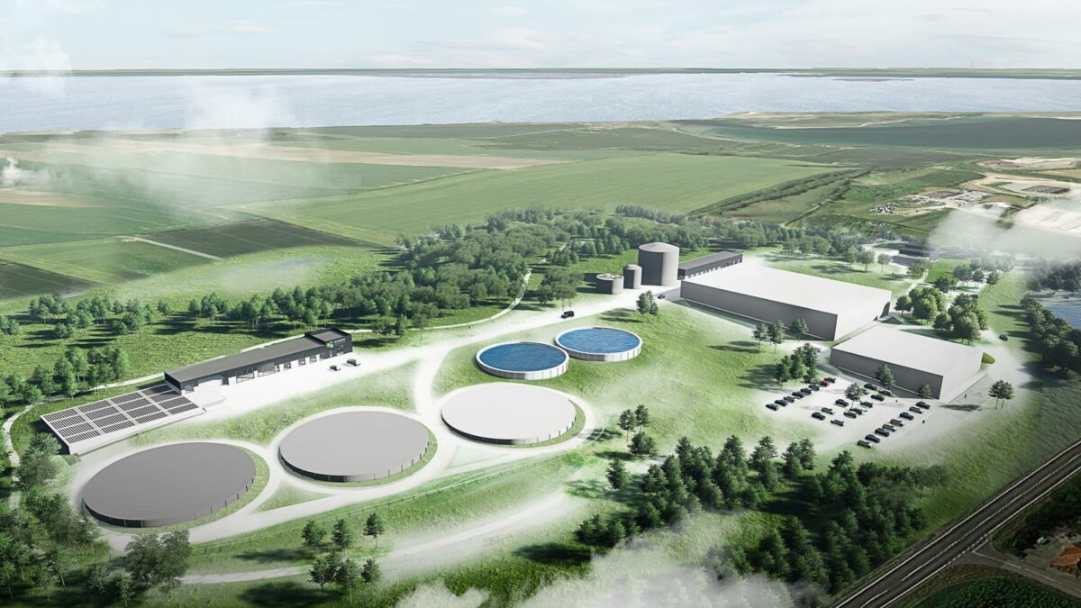 Som del af en større Forsyningspark opfører Assens Forsyning et nyt og samlet renseanlæg med tilhørende biogasanlæg. Anlægget skal centralisere al rensning af spildevand og erstatte otte mindre renseanlæg. Illustration: Cubo Arkitekter/Konsortiet Nyt Assens Renseanlæg.