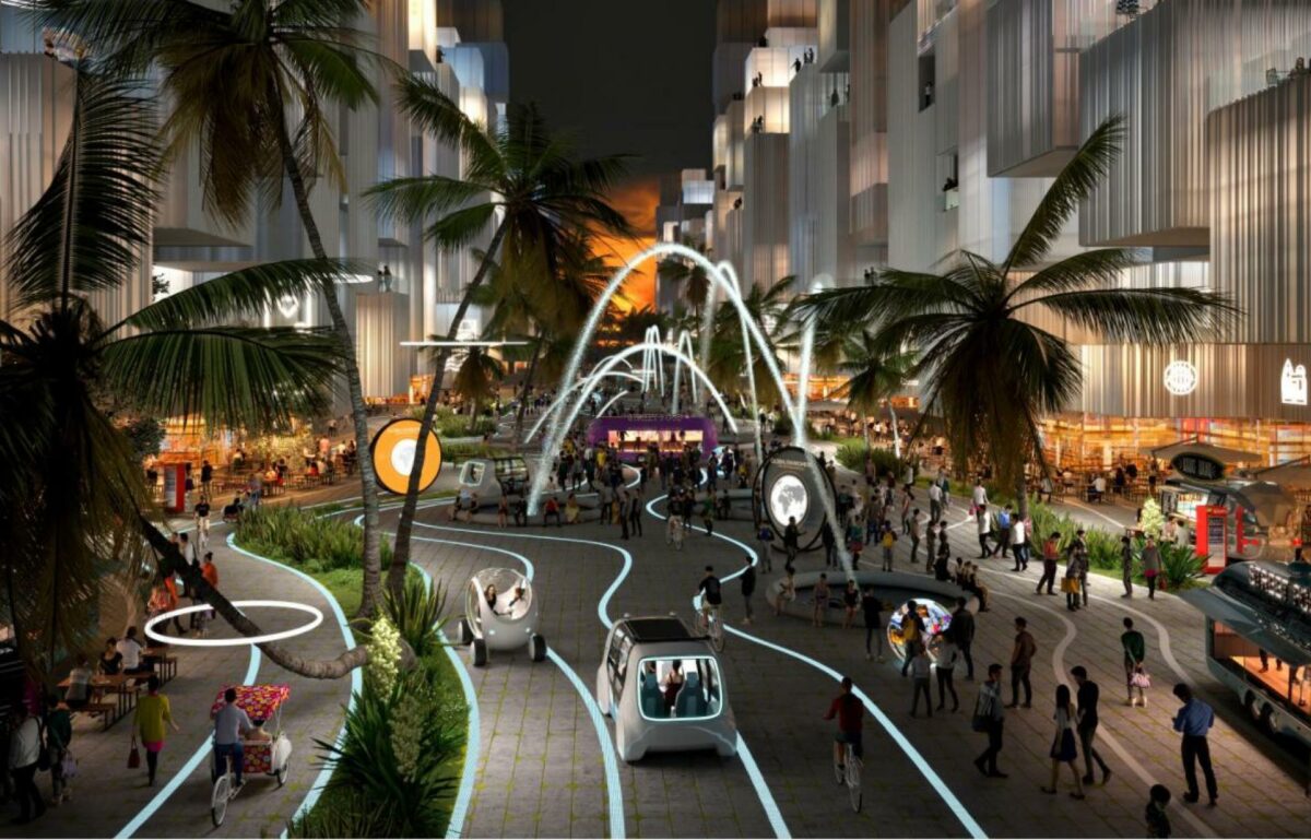 Beboerne på de tre bilfri øer, som tilsammen udgør BiodiverCity, kan se frem til at leve i et bæredygtigt samfund med god offentlig transport. Illustration: BIG.