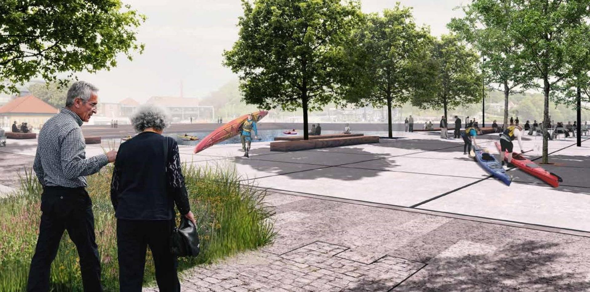 Visualisering af havnepladsen på den vestlige side af havnen.