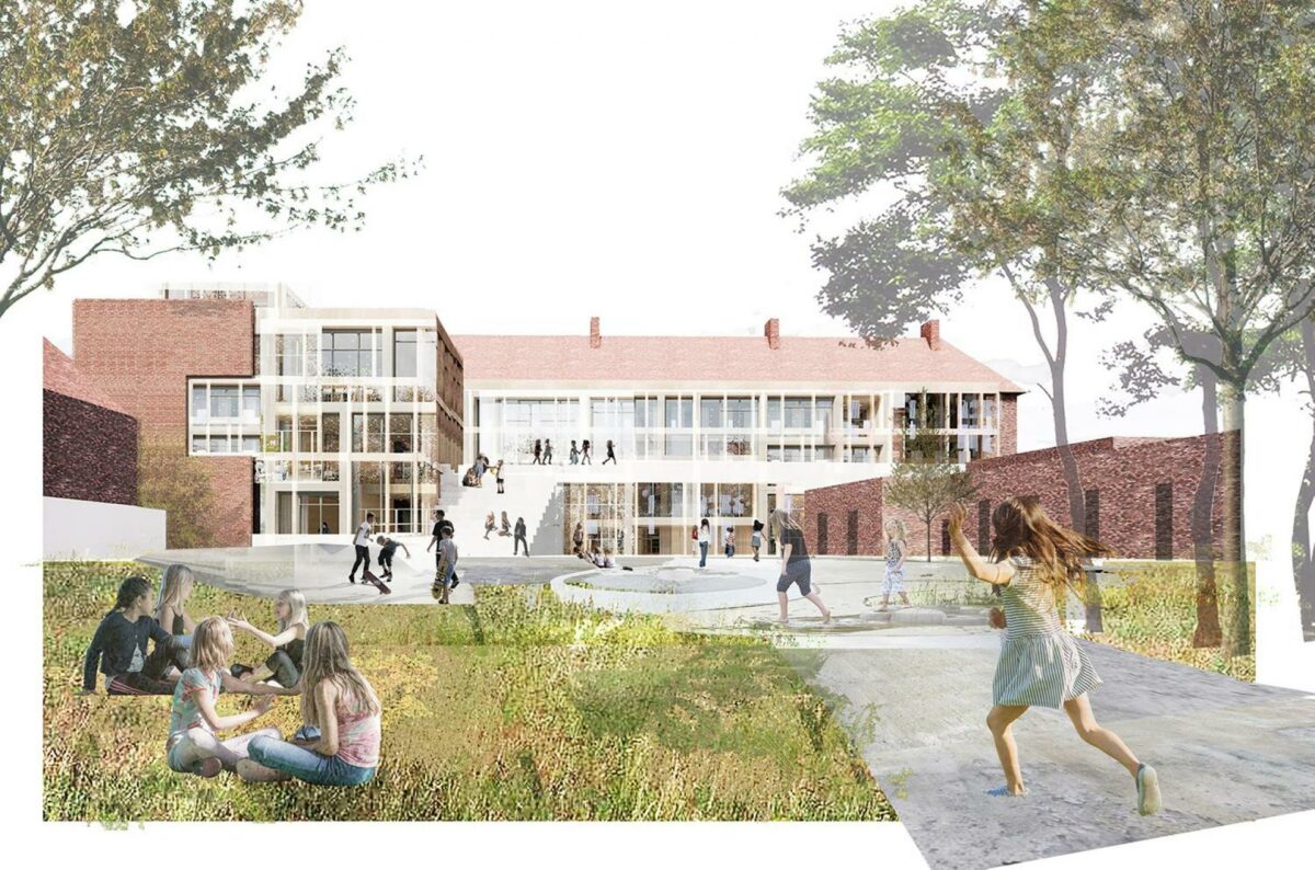 Skolens bygninger er skudt op gennem årene, nu skal hele skolen moderniseres. Visualisering: JJW Arkitekter.