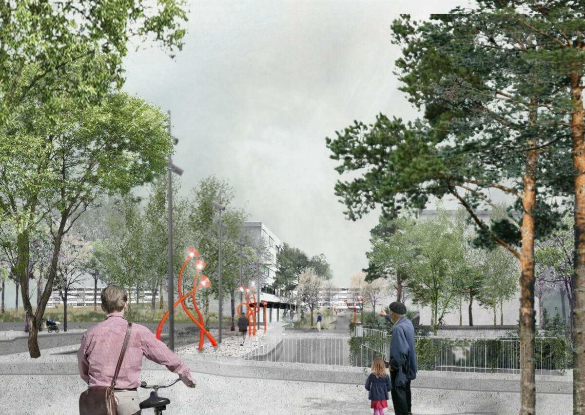 Et iøjenfaldende vartegn for den nye kunststi vil være 32 lysskulpturer i form af knaldrøde, finurlige gadelamper. De er skabt af kunstneren Jeppe Hein. Visualisering: Realdania.