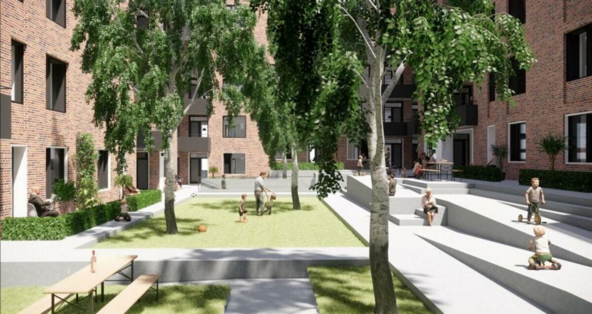 Projektet omfatter 101 lejeboliger med et gennemsnitligt areal på 76 kvadratmeter. Visualisering: LINK arkitektur.