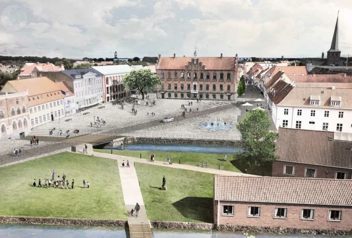 Nyborg Torv står endelig klar til brug for byens borgere og besøgende. Illustration: Realdania.