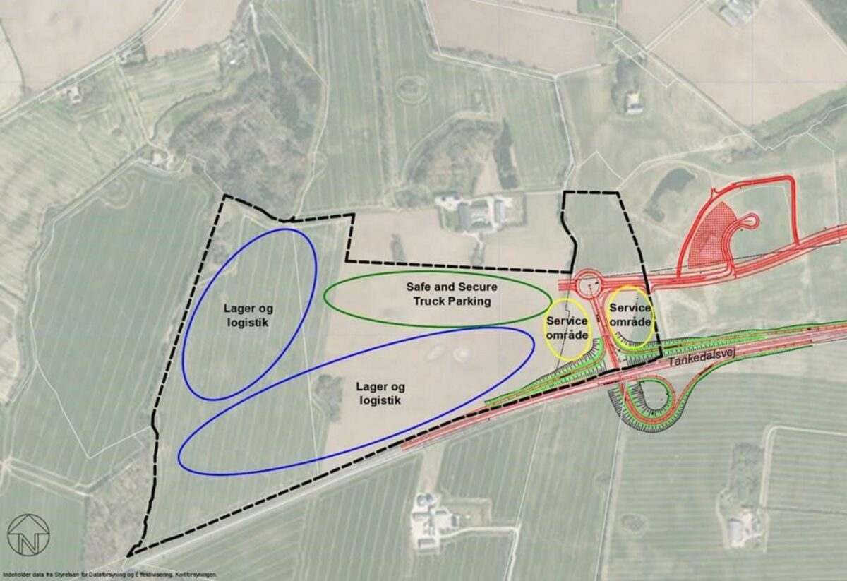 I 2021 starter byggeriet af Hub65, et 160.000 kvadratmeter stort logistikcenter nær Kolding. Pressefoto.