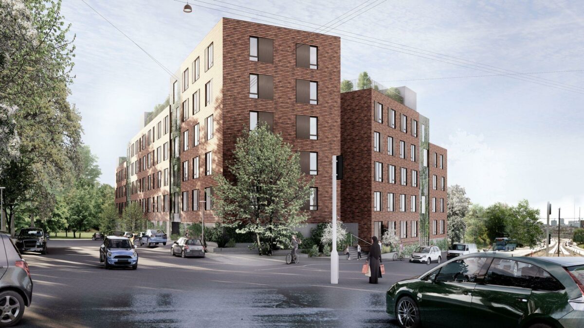 På den tidligere p-plads kommer 115 boliger. Visualisering: Rubow Arkitekter.