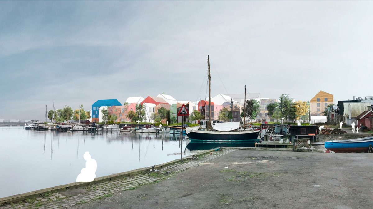 Eksempel på muligt udtryk af almene medbyg-rækkehuse set fra Fiskerhavnen. Endelige tegninger af husene er ikke udarbejdet. Foto fra lokalplan.