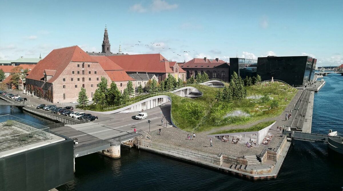 Sådan kunne en bypark nær det Kongelige Bibliotek passende tage sig ud, hvis det stod til en håndfuld arkitekter med grønne fingre. Illustration: Urban Power.