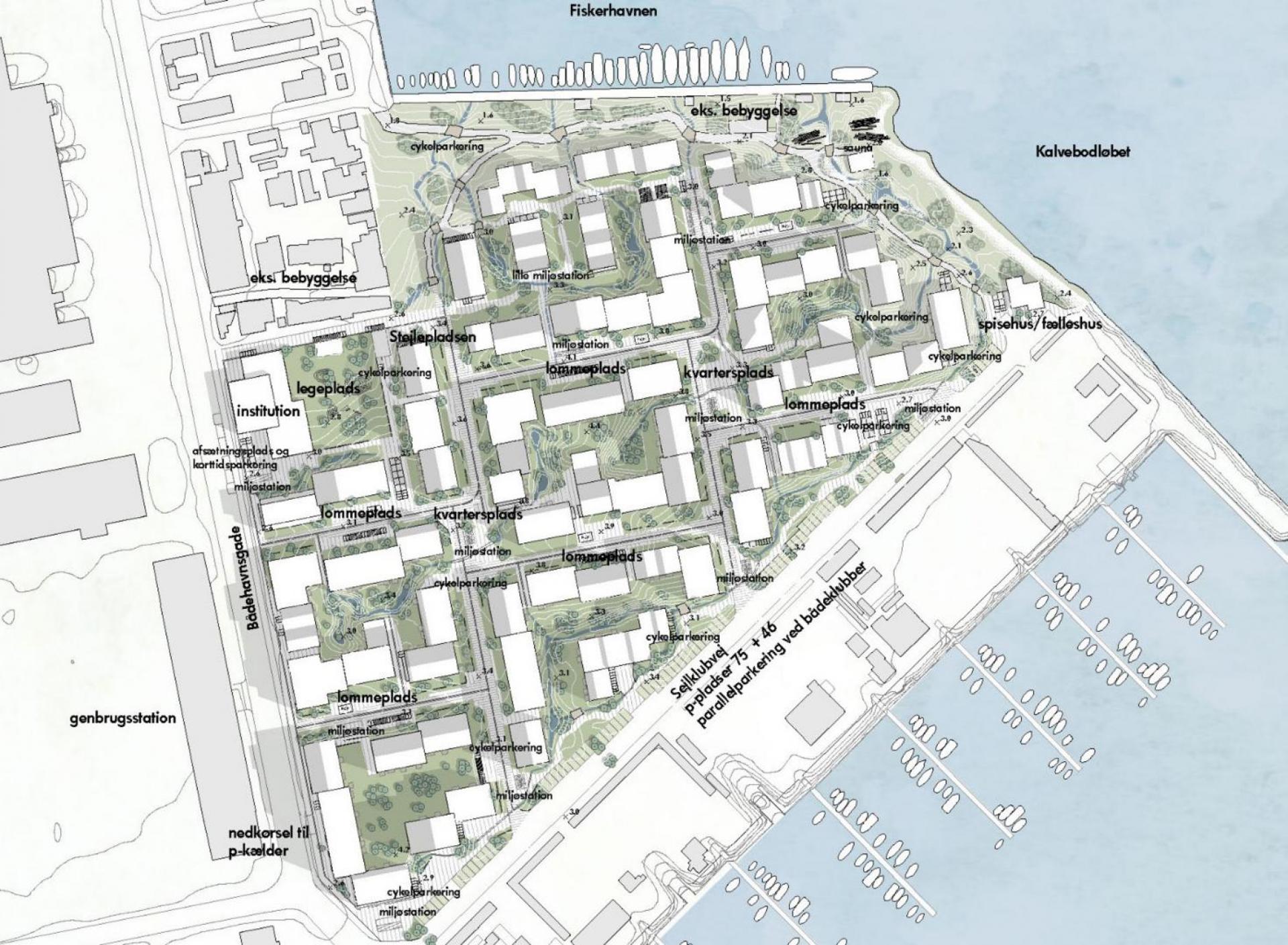 Situationsplan viser et eksempel på en mulig bebyggelsesplan i overensstemmelse med lokalplanen. Illustration: Team Christensen & Co Arkitekter, Urban Power, Kragh & Berglund, MOE og Urban Creators.