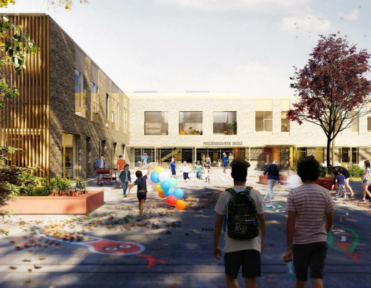 Netop nu står C.C. Contractor som totalentreprenør foran byggestart på Ny Frederiksværk Skole. Visualisering. Halsnæs Kommune/Arkitektfirmaet Kjaer & Richter.