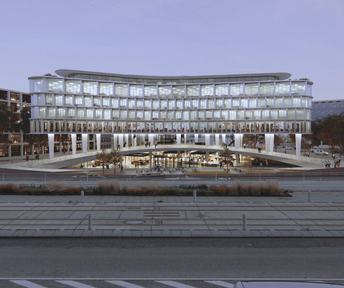 Denne bygning skal efter planen være indgangen til Aarhus Ø fra midtbyen fra 2026. Visualisering: KVANT-1.