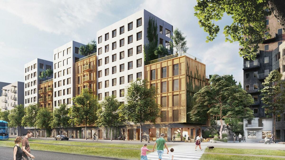 C.F. Møller Architects og den svenske ejendomsudvikler SHH er af Huddinge Kommune kåret som vindere i konkurrencen om det nye kvarter Hälsovägen i bydelen Flemingsberg. Visualisering: C.F. Møller Architects.